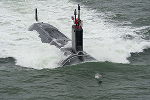 Virginia-class attack submarine Pre-Commissioning Unit (PCU) John Warner (SSN 785) as the boat conducts sea trials in the Atlantic Ocean. (U.S. Navy photo courtesy of Huntington Ingalls Industries by Chris Oxley/Released)