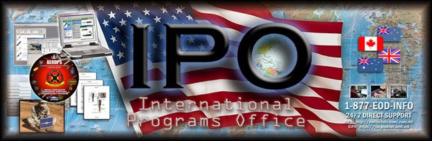 International Programs Office logo with large U.S. flag and smaller flags of Canada, New Zealand, United Kingdom, and Australia placed over a world map, along with images of computers and a CD. The phone number 1-877-EOD-INFO is also in the graphic.