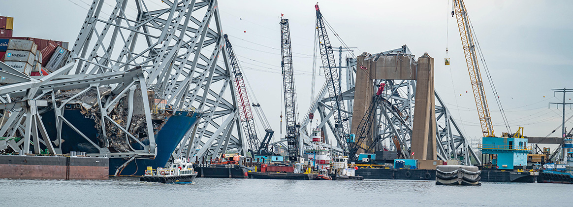 Wreckage of the Francis Scott Key Bridge and M/V Dali cargo ship.