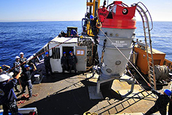Members of the Deep Submergence Unit aboard the Military Sealift Command fleet ocean tug USNS Sioux (T-ATF 171) prepare to submerge a submarine rescue chamber during exercise CHILEMAR II. The exercise between the Chilean and U.S. Navy forces simulates submarine rescue operations. (U.S. Navy photo by Mass Communication Specialist 3rd Class Spencer Mickler/Released)