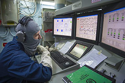 Chief Gas Turbine Systems Technician (Electrical) Tommy Cunningham monitors the engineering systems from the central control station of the Arleigh Burke-class guided-missile destroyer USS Stout (DDG 55) during a general quarters drill. Stout, homeported in Norfolk, is on a scheduled deployment supporting maritime security operations and theater security cooperation efforts in the U.S. 6th Fleet area of responsibility. (U.S. Navy photo by Mass Communication Specialist 2nd Class Amanda R. Gray/Released)