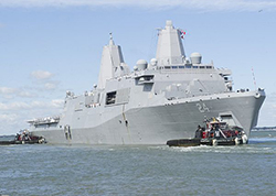 Sailors and Marines man the rails aboard the amphibious transport dock USS Arlington (LPD 24). Arlington deployed as part of the Kearsarge Amphibious Ready Group in support of maritime security operations and theater security cooperation efforts in the U.S. 5th and 6th Fleet areas of responsibility. (U.S. Navy photo by Mass Communication Specialist Seaman Amy M. Ressler/Released)