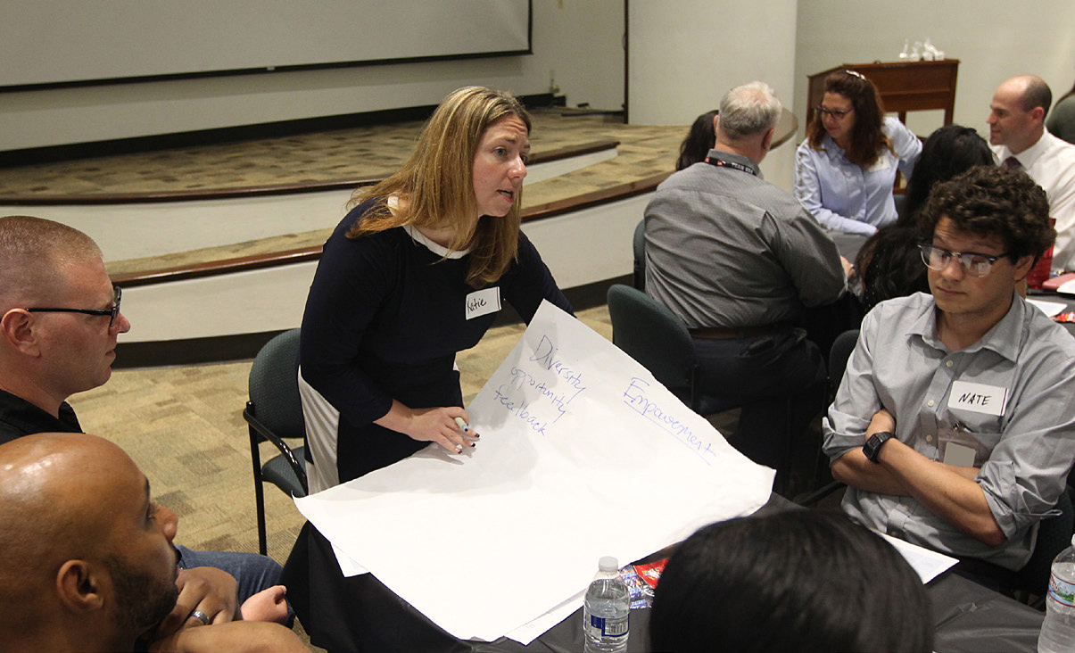 NSWC Corona personnel in a group discussion.
