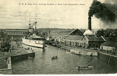 Image of USS New York entering drydock at Navy Yard Bremerton, Washington