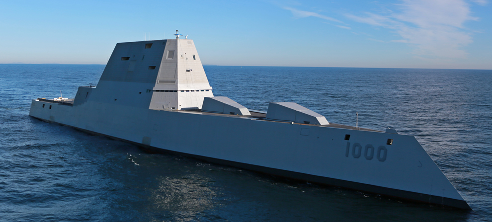 USS Zumwalt (DDG 1000) is underway for the first time conducting at-sea tests and trials in the Atlantic Ocean, Dec. 7. USS Zumwalt (DDG 1000) is underway for the first time conducting at-sea tests and trials in the Atlantic Ocean, Dec. 7.